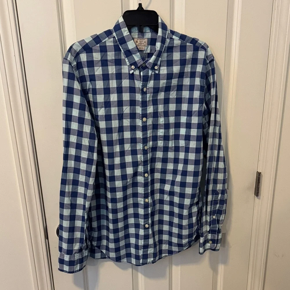 J. Crew Tailored Fit Navy and Light Blue Gingham Button-Down Shirt